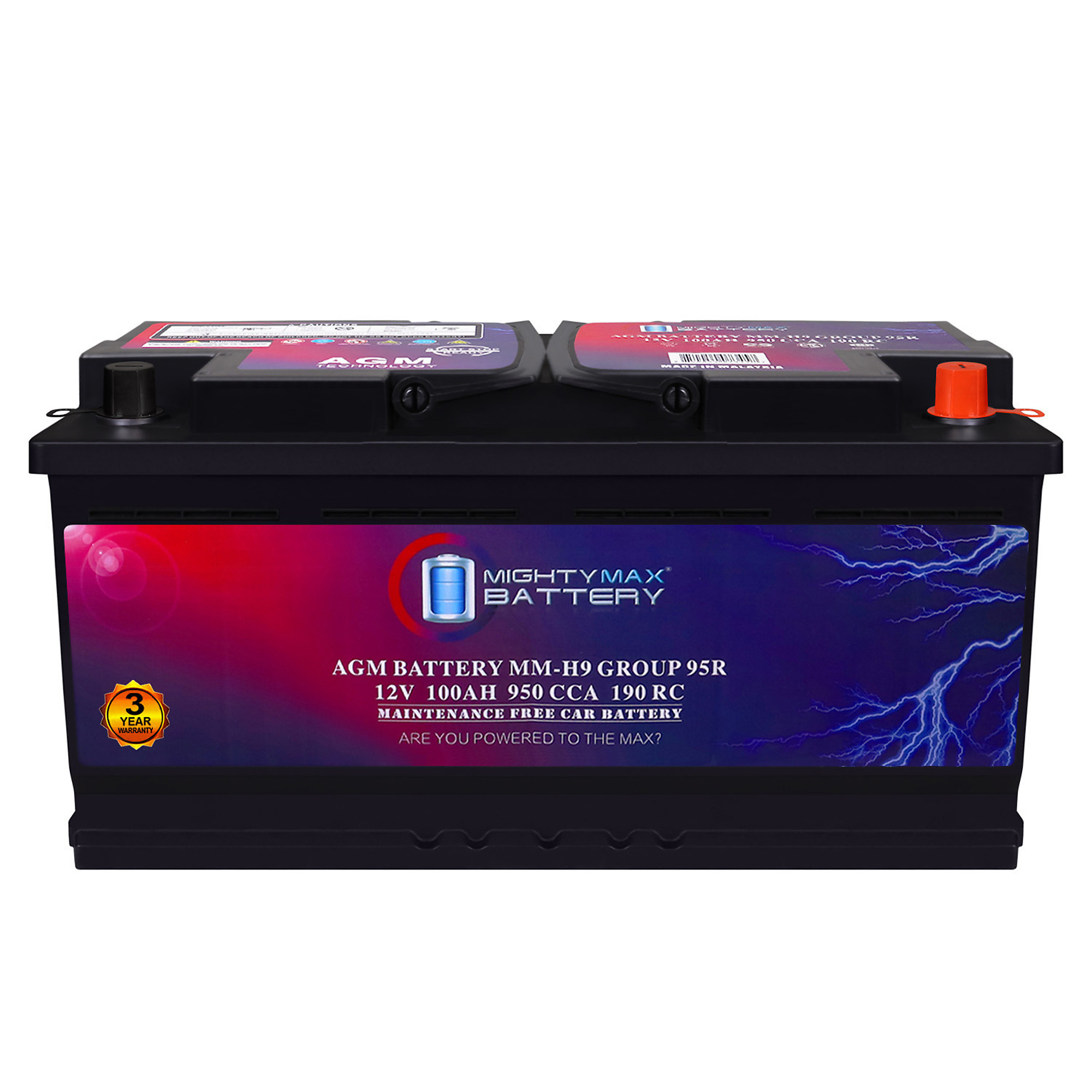 Mighty Max Battery Start and Stop Car Battery — 12V, 100Ah, 190 RC, 950 CCA, AGM, Model# MAX3926704
